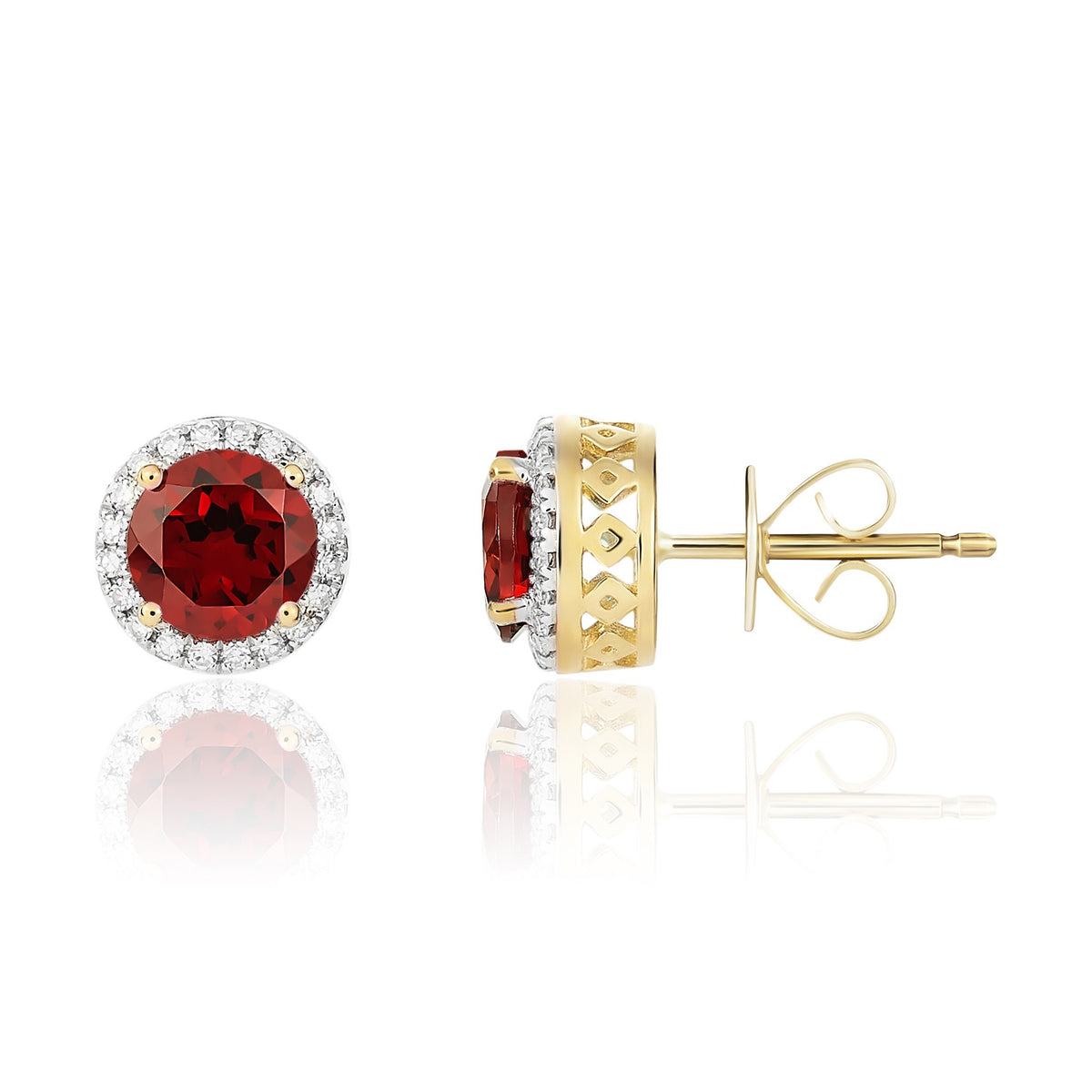9CT YG 6MM ROUND GARNET AND DIAMOND CLAW CLUSTER EARRINGS. RHODIUM TO DIAMONDS