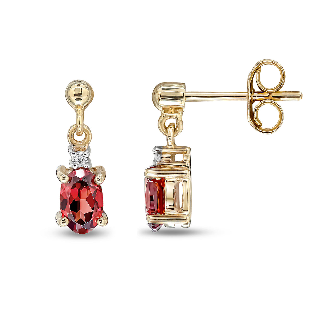 9CT YG OVAL GARNET & DIAMOND CLAW SET 2 STONE DROP EARRINGS WITH BEAD STUD TOP
