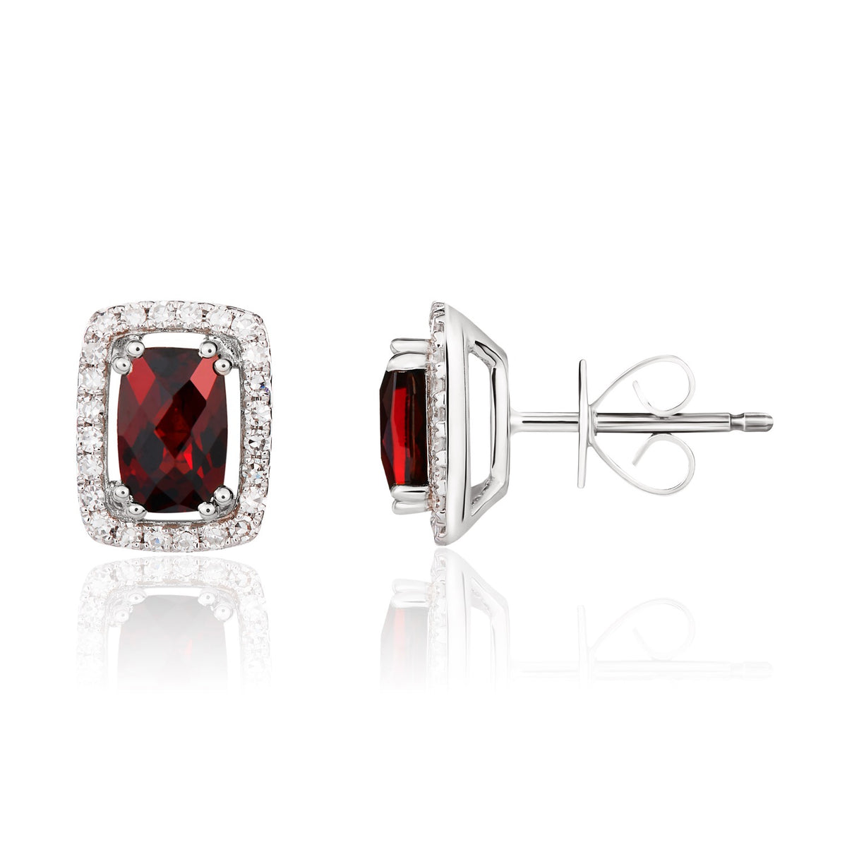 9WG CUSHION GARNET & DIAMOND CLUSTER STUD EARRINGS