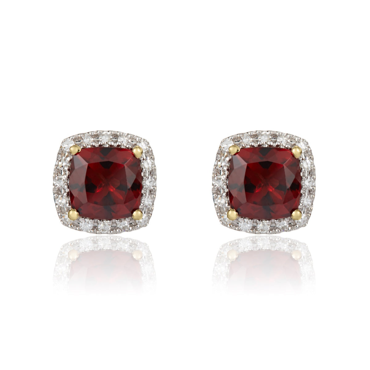 9CT WG 6MM CUSHION GARNET & DIAMOND CLAW CLUSTER EARRINGS