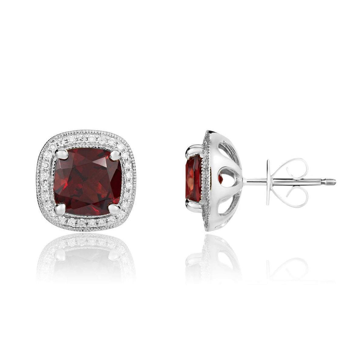 9CT WG 7MM CUSHION GARNET AND DIAMOND CLUSTER EARRINGS WITH MILLEGRAIN EDGE