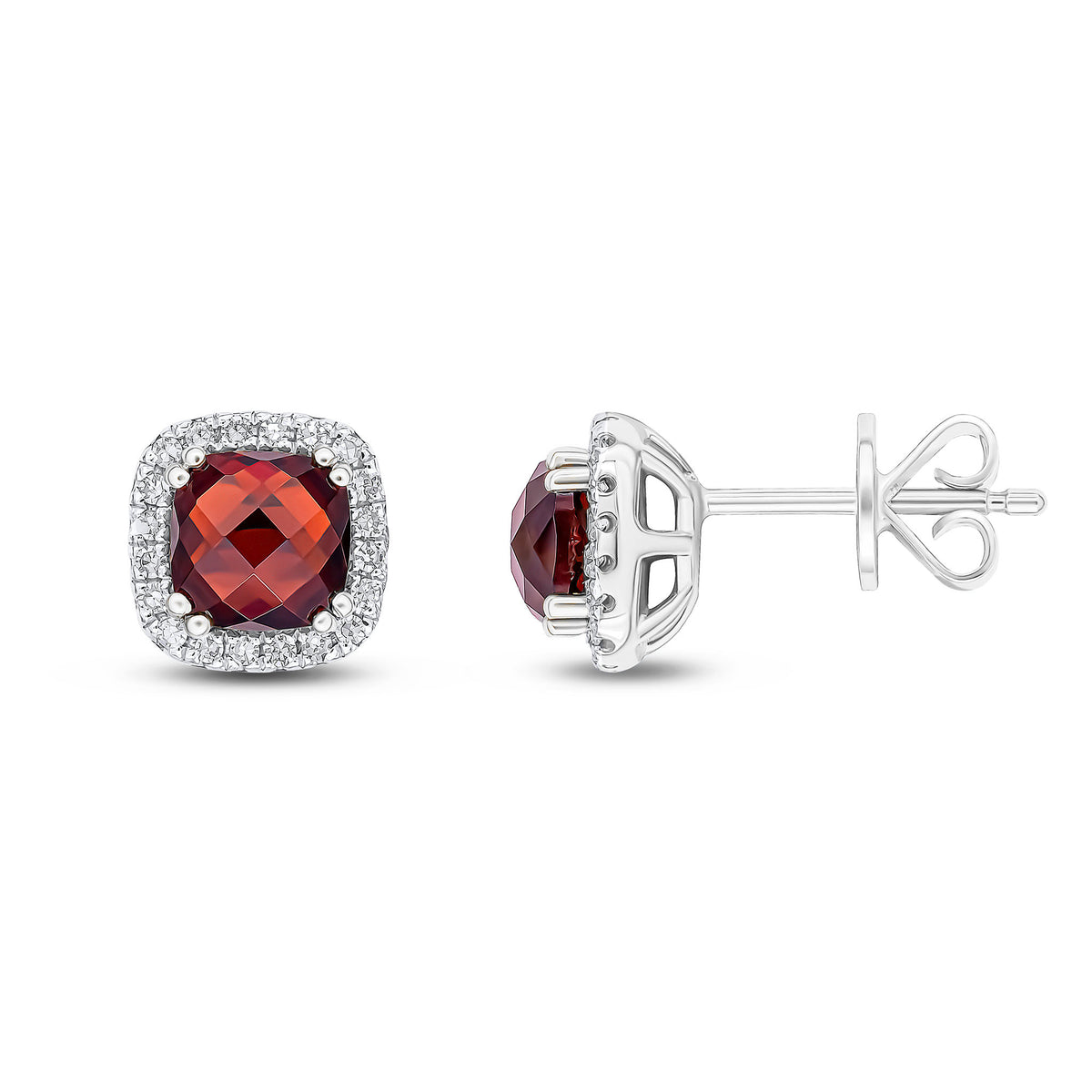9CT WG 5MM CHECKERBOARD CUT CUSHION GARNET & DIAMOND CLUSTER EARRINGS