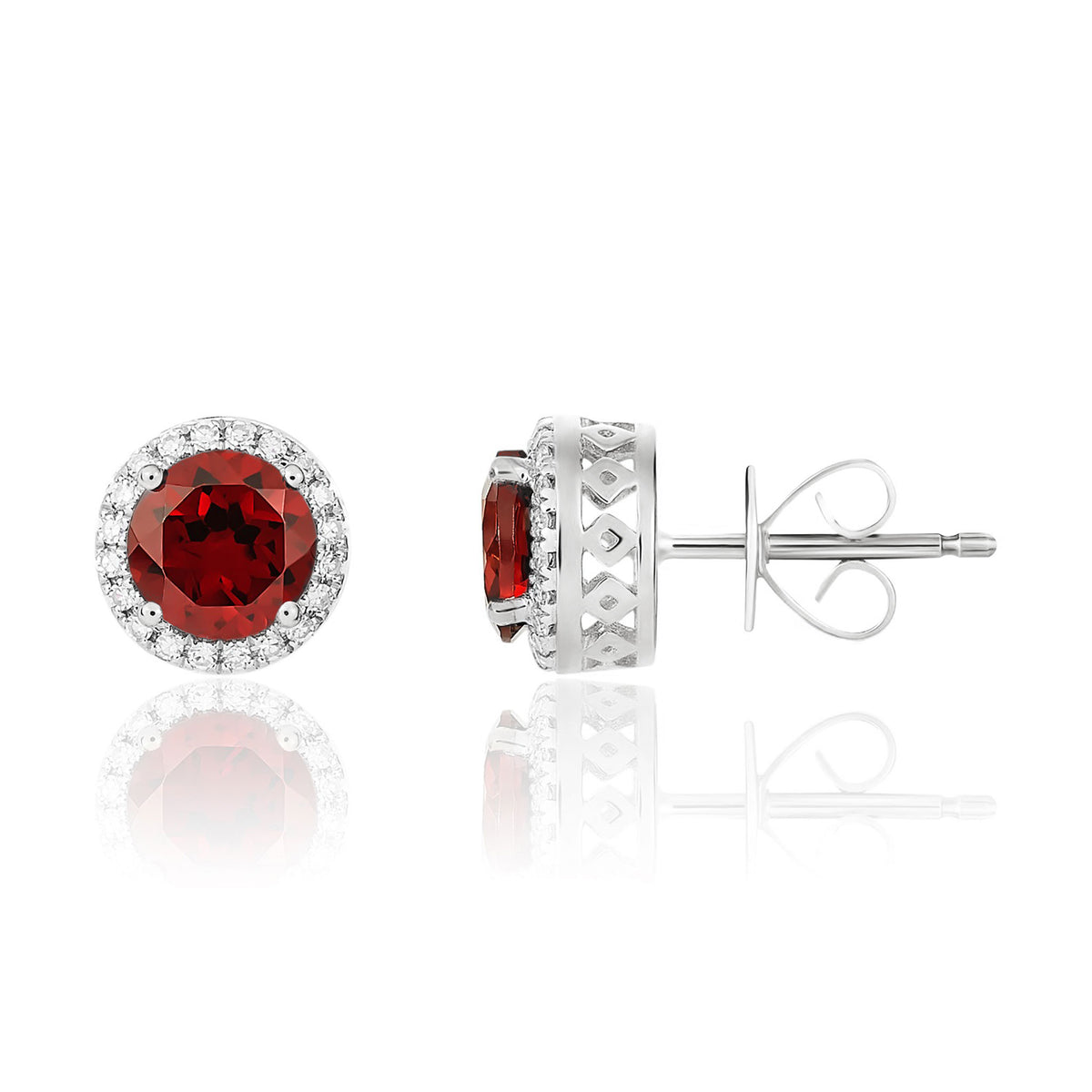 9CT WG 6MM ROUND GARNET AND DIAMOND CLAW CLUSTER EARRINGS