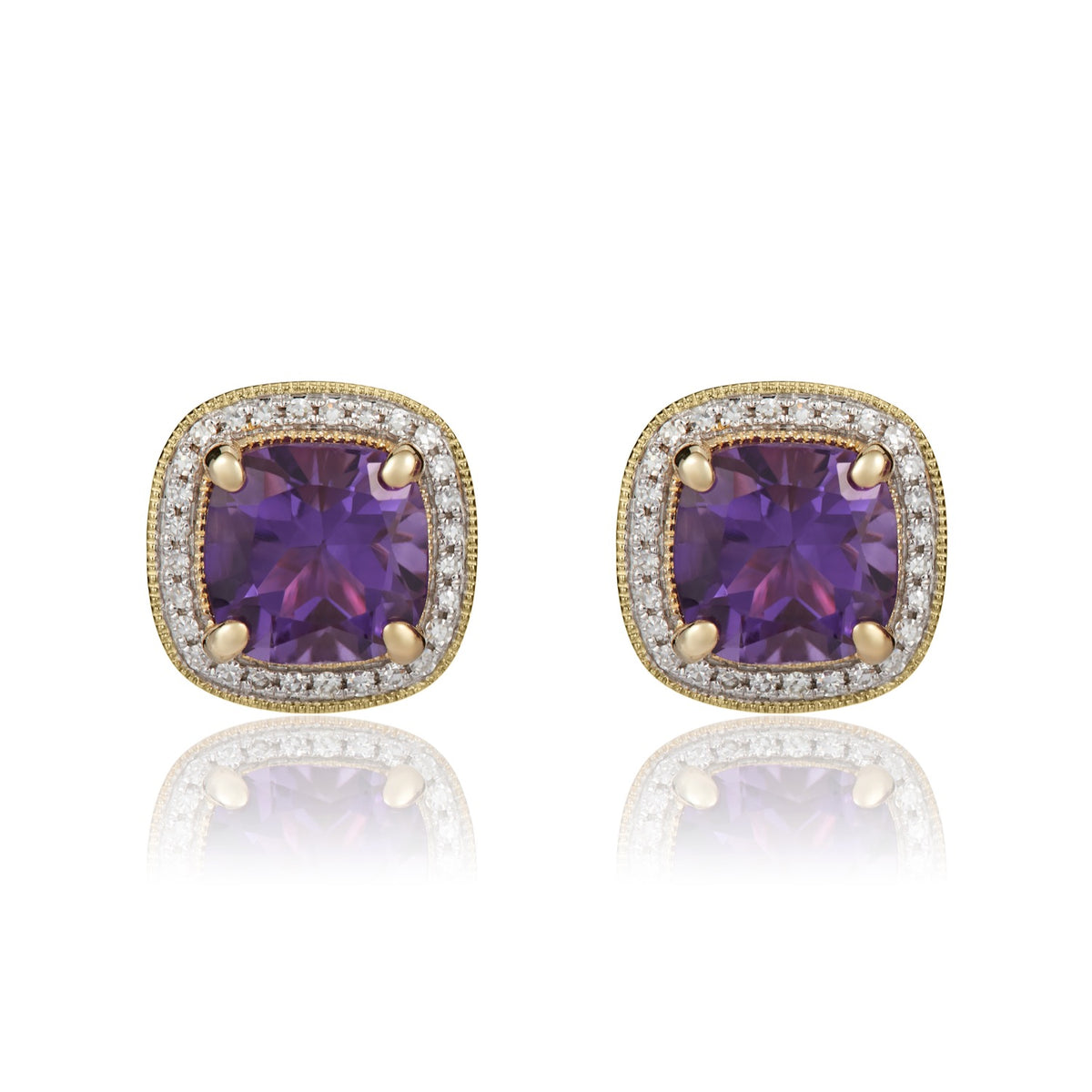 9CT YG 7MM CUSHION AMETHYST AND DIAMOND CLUSTER EARRINGS WITH MILLEGRAIN EDGE. RHODIUM TO DIAMONDS