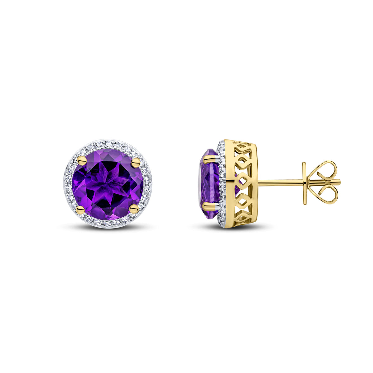 9CT YG 8MM ROUND AMETHYST AND DIAMOND CLAW CLUSTER EARRINGS. RHODIUM TO DIAMONDS