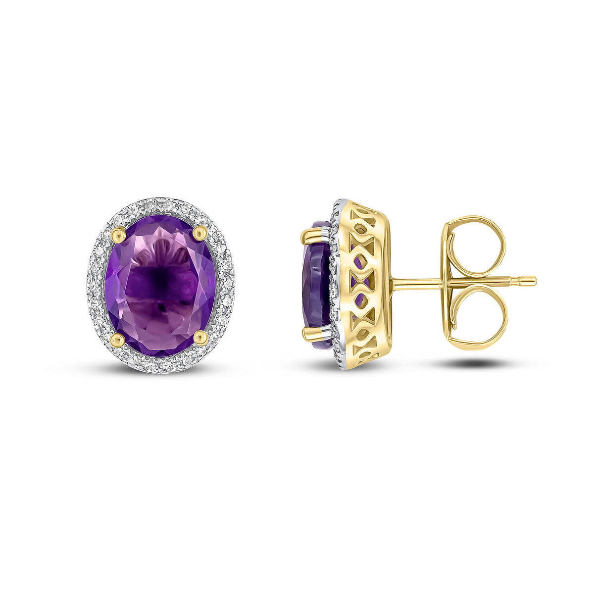 9CT YG 9X7 OVAL AMETHYST & DIAMOND CLUSTER STUD EARRINGS
