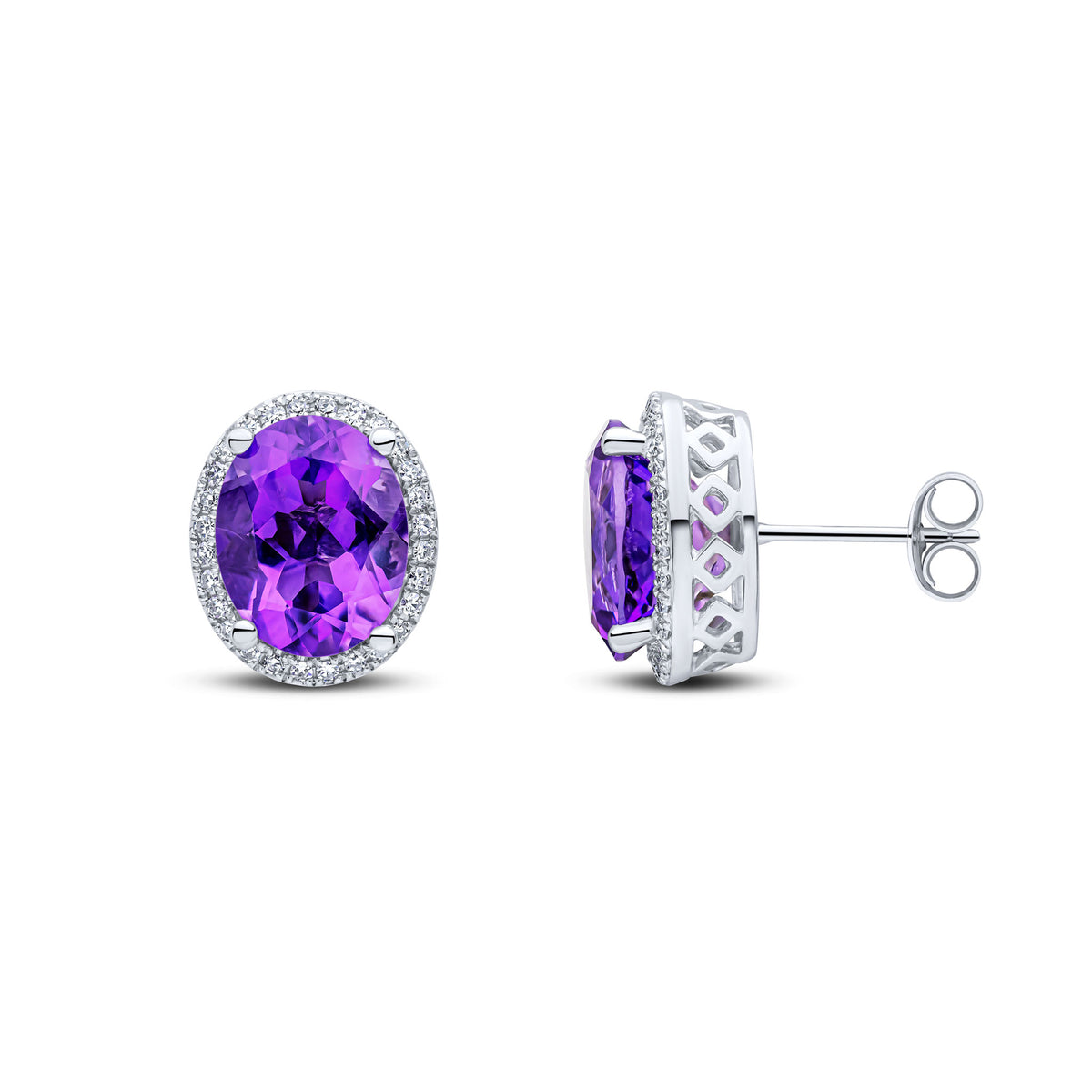 9CT WHITE GOLD 10X8 OVAL AMETHYST AND ROUND DIAMOND CLAW SET CLUSTER EARRINGS