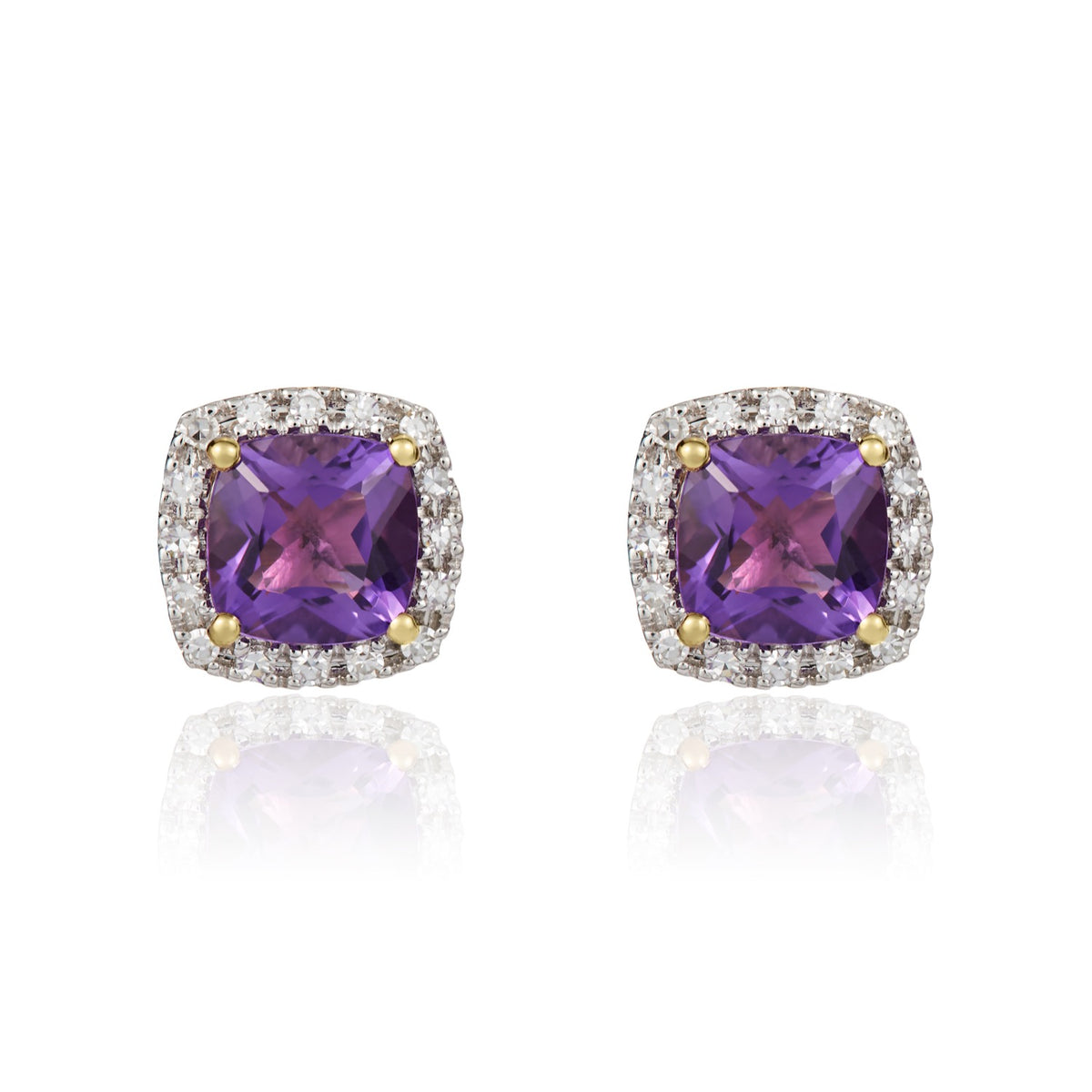 9CT YG 6MM CUSHION AMETHYST & DIAMOND CLAW CLUSTER EARRINGS. RHODIUM TO DIAMONDS