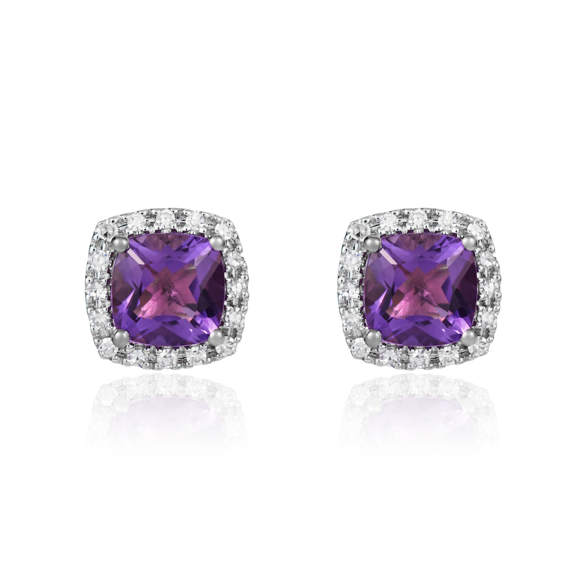 9CT WG 6MM CUSHION AMETHYST & DIAMOND CLAW CLUSTER EARRINGS
