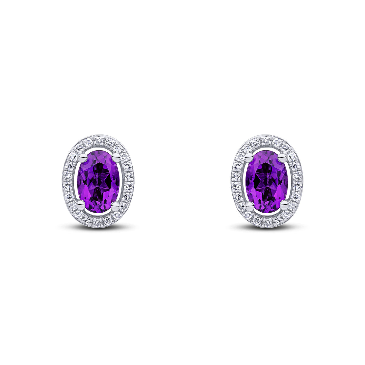 9CT WG 6X4 OVAL AMETHYST AND ROUND DIAMOND CLAW SET HALO CLUSTER EARRINGS