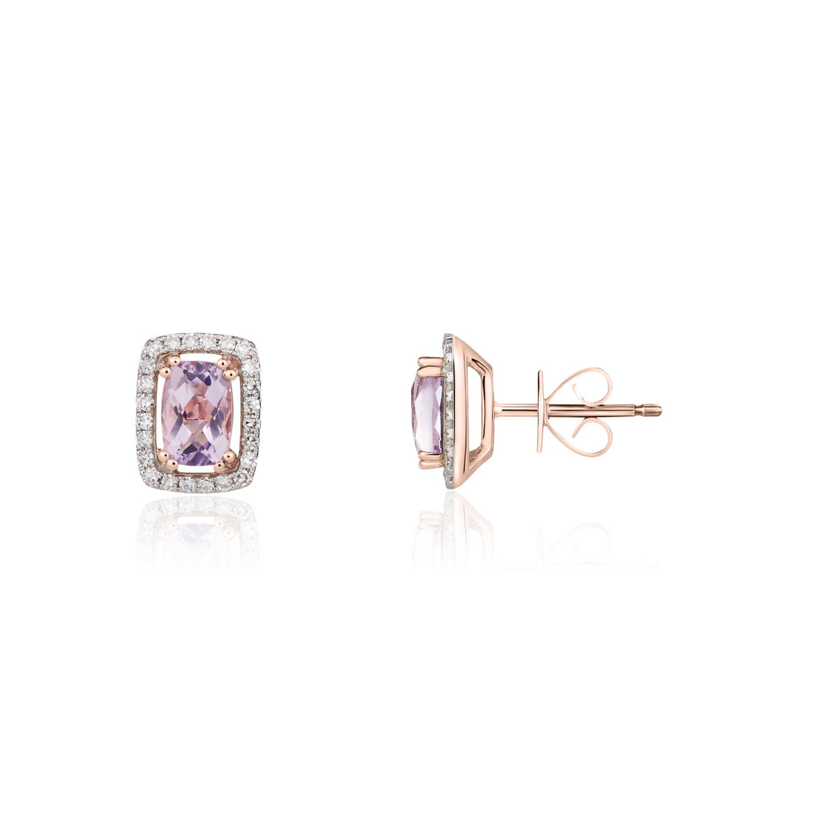 9CT RG CHECKERBOARD CUT CUSHION PINK AMETHYST AND DIAMOND HALO CLUSTER EARRINGS