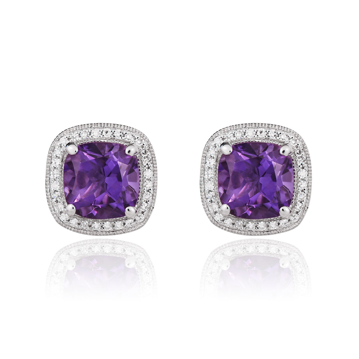 9CT WG 7MM CUSHION AMETHYST AND DIAMOND CLUSTER EARRINGS WITH MILLEGRAIN EDGE