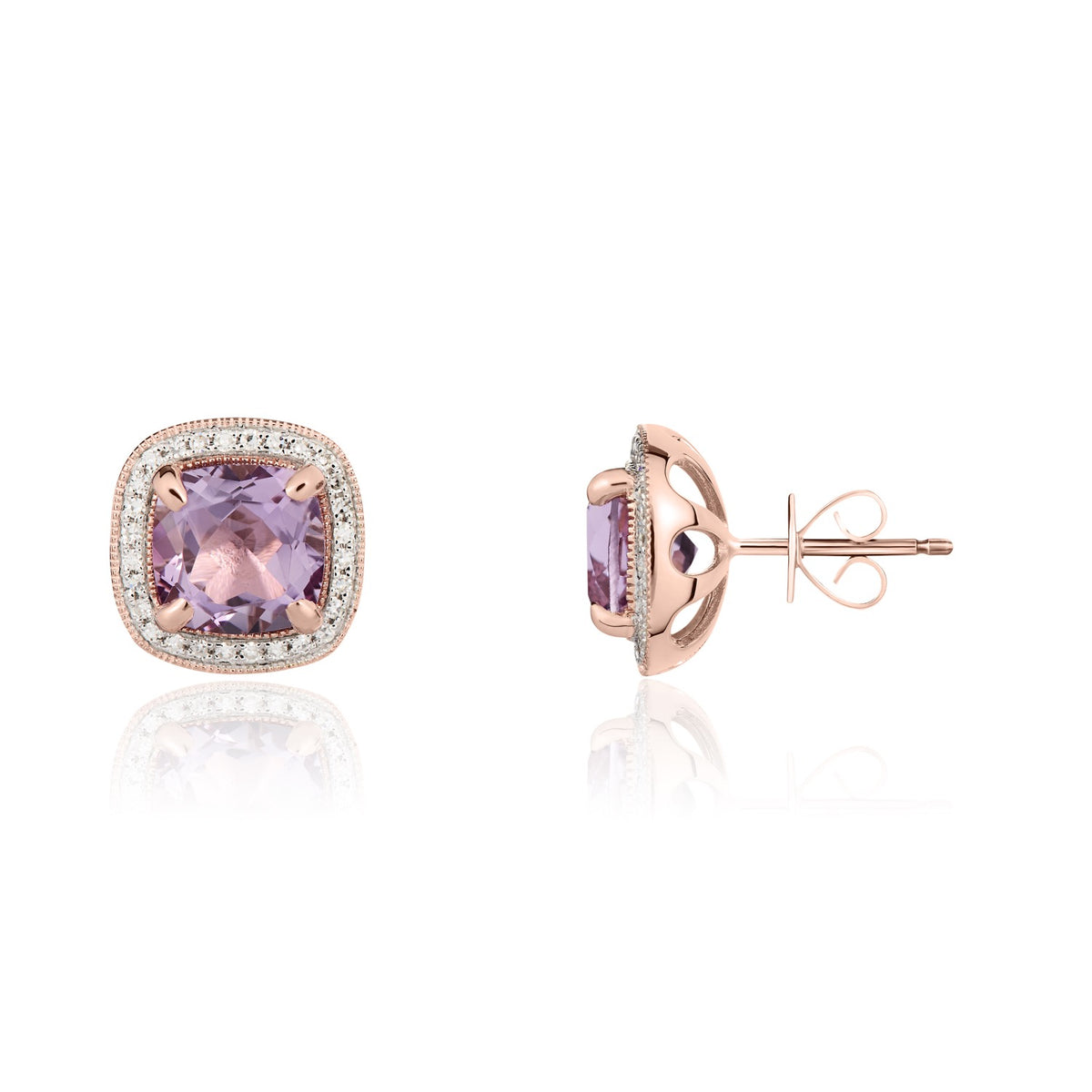 9CT RG 7MM CUSHION PINK AMETHYST AND DIAMOND CLUSTER EARRINGS WITH MILLEGRAIN EDGE. RHODIUM TO DIAMONDS