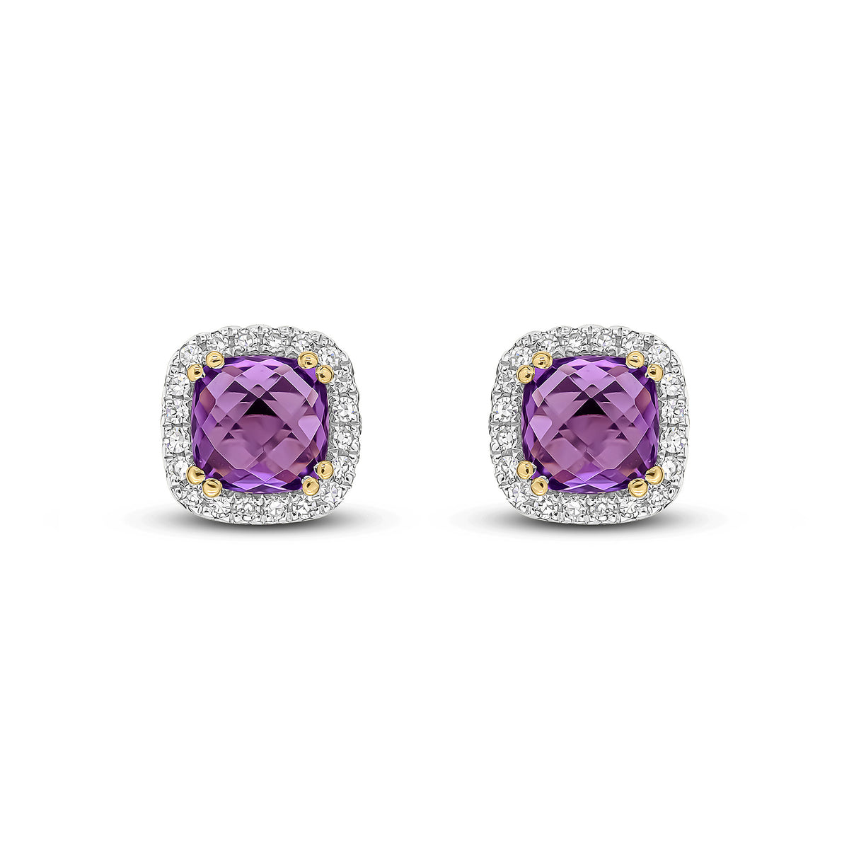 9CT YG 5MM CHECKERBOARD CUT CUSHION AMETHYST & DIAMOND CLUSTER STUD EARRINGS. RHODIUM TO DIAMONDS