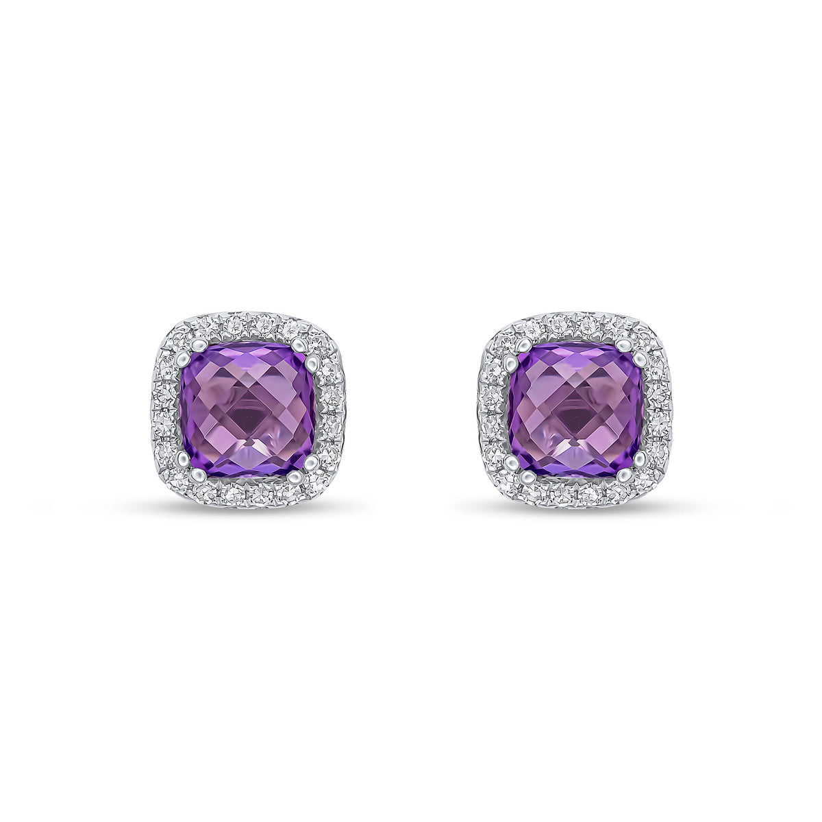 9CT WG 5MM CHECKERBOARD CUT CUSHION AMETHYST & DIAMOND CLUSTER EARRINGS