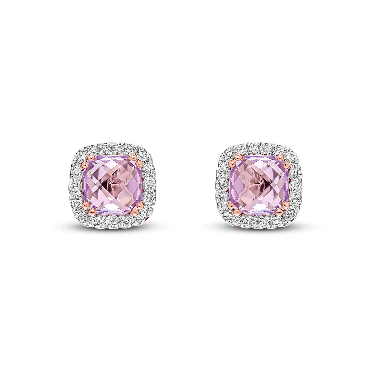 9CT RG 5MM CHECKERBOARD CUT CUSHION PINK AMETHYST & DIAMOND CLUSTER STUD EARRINGS. RHODIUM TO DIAMONDS