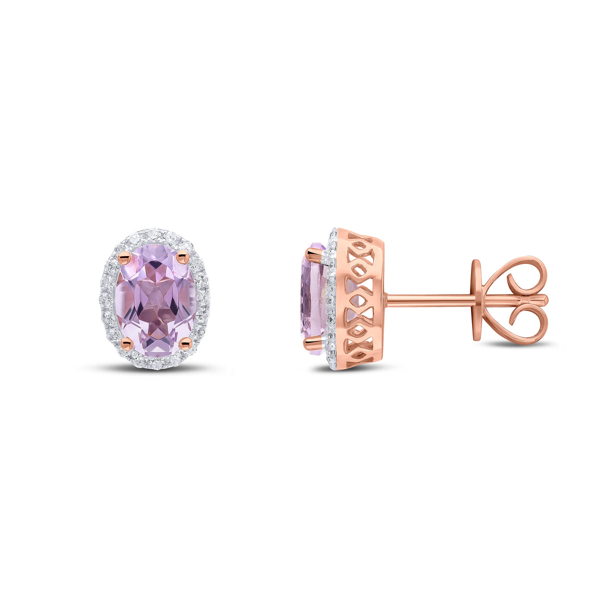 9CT RG 7X5 OVAL PINK AMETHYST & DIAMOND CLAW SET CLUSTER EARRINGS. RHODIUM TO DIAMONDS