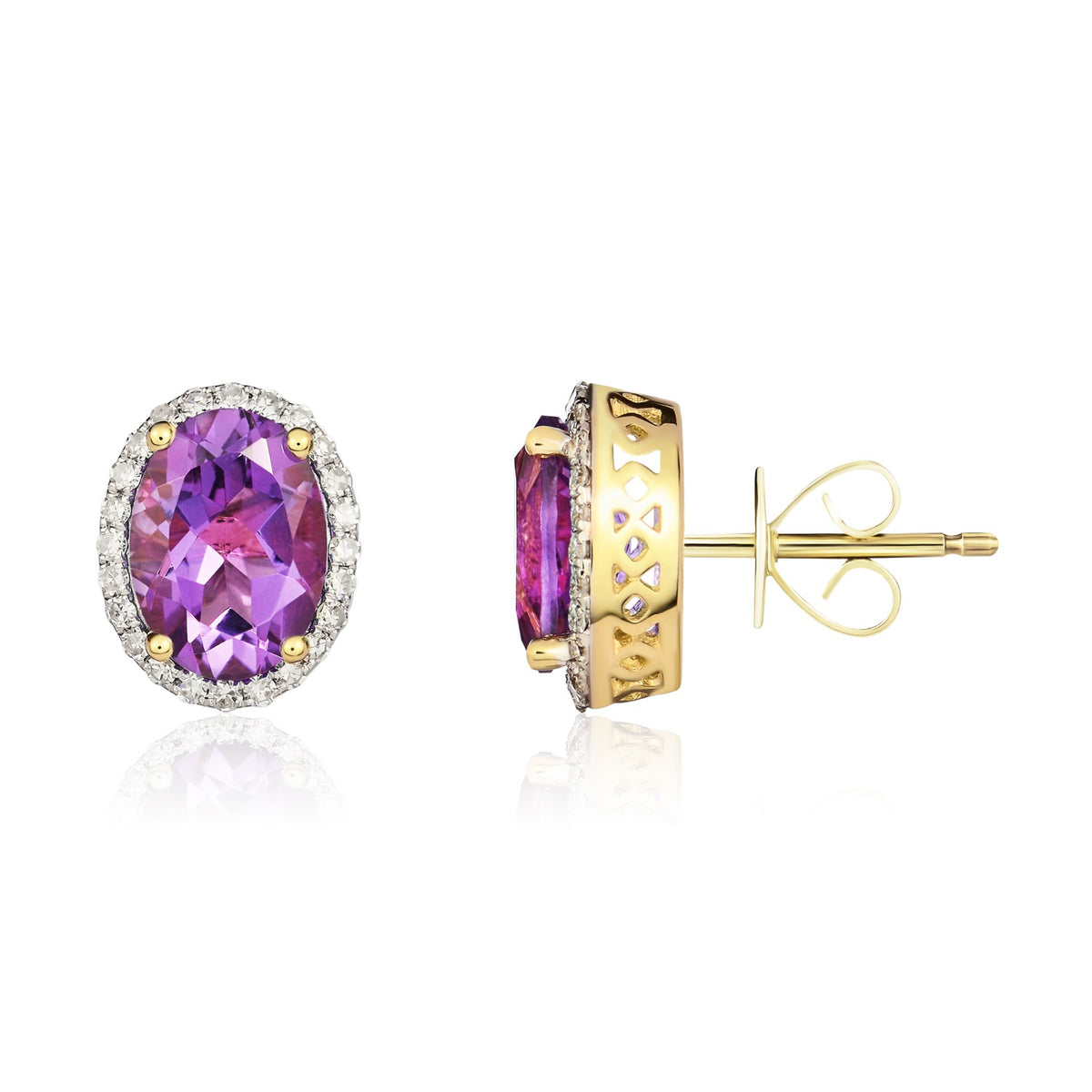 9CT YG 8X6 OVAL AMETHYST & DIAMOND CLAW SET CLUSTER EARRINGS. RHODIUM TO DIAMONDS