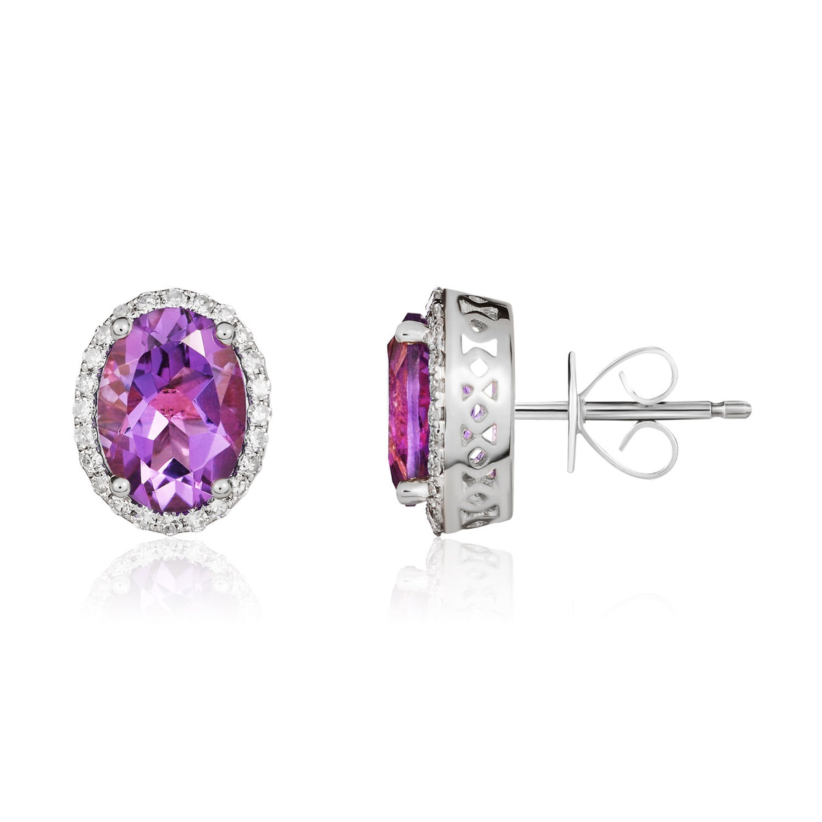 9CT WG 8X6 OVAL AMETHYST & DIAMOND CLAW SET CLUSTER EARRINGS