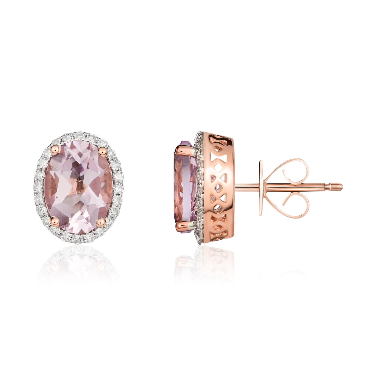9CT RG 8X6 OVAL PINK AMETHYST & DIAMOND CLAW SET CLUSTER EARRINGS. RHODIUM TO DIAMONDS