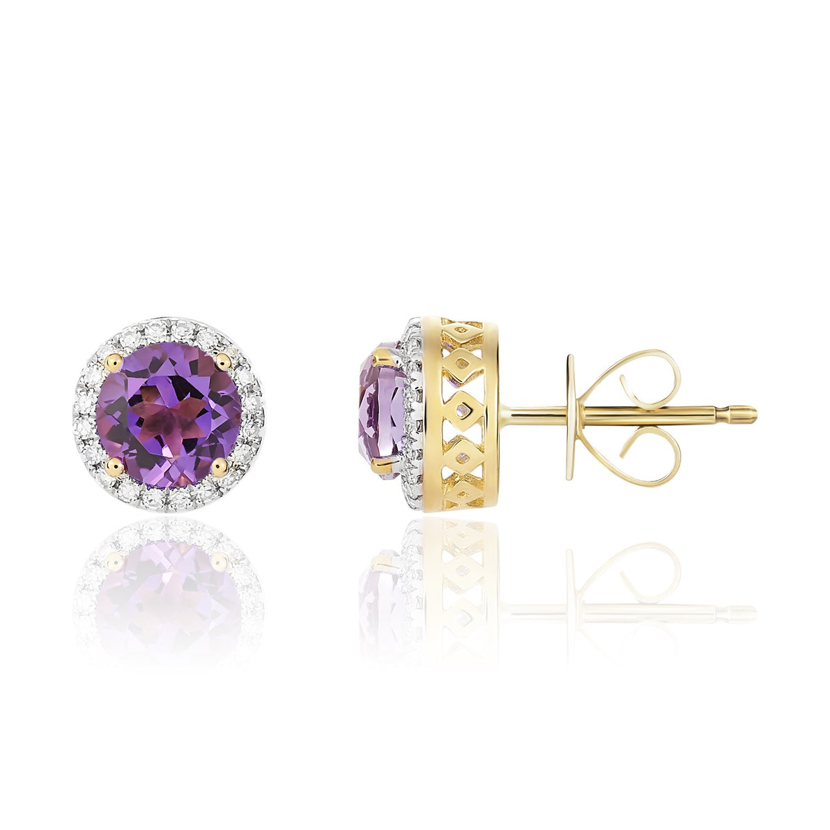 9CT YG 6MM ROUND AMETHYST AND DIAMOND CLAW CLUSTER EARRINGS. RHODIUM TO DIAMONDS