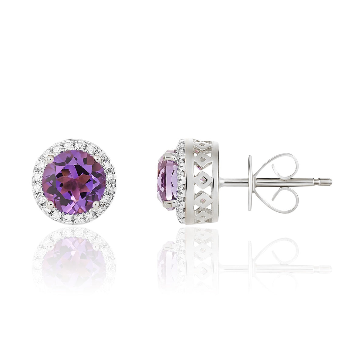 9CT WG 6MM ROUND AMETHYST AND DIAMOND CLAW CLUSTER EARRINGS