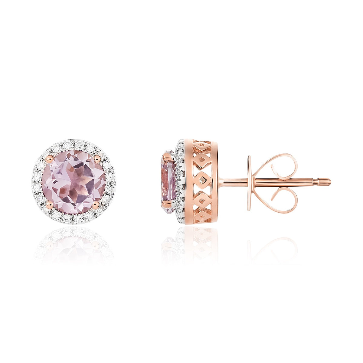 9CT RG 6MM ROUND PINK AMETHYST AND DIAMOND CLAW CLUSTER EARRINGS. RHODIUM TO DIAMONDS