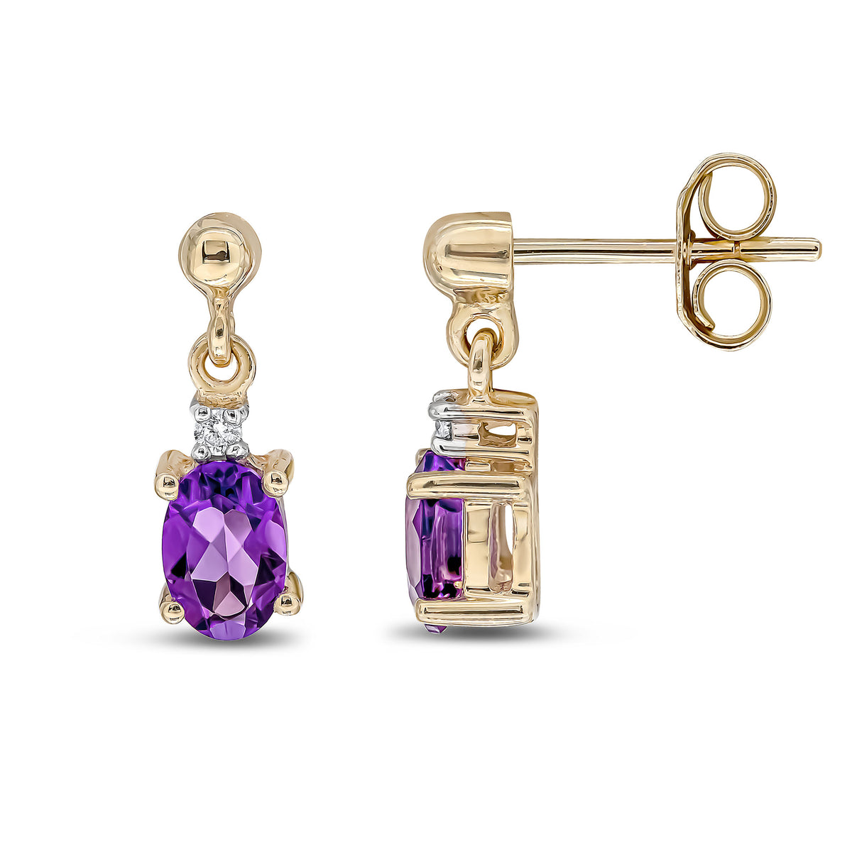 9CT YG OVAL AMETHYST & DIAMOND CLAW SET 2 STONE DROP EARRINGS WITH BEAD STUD TOP