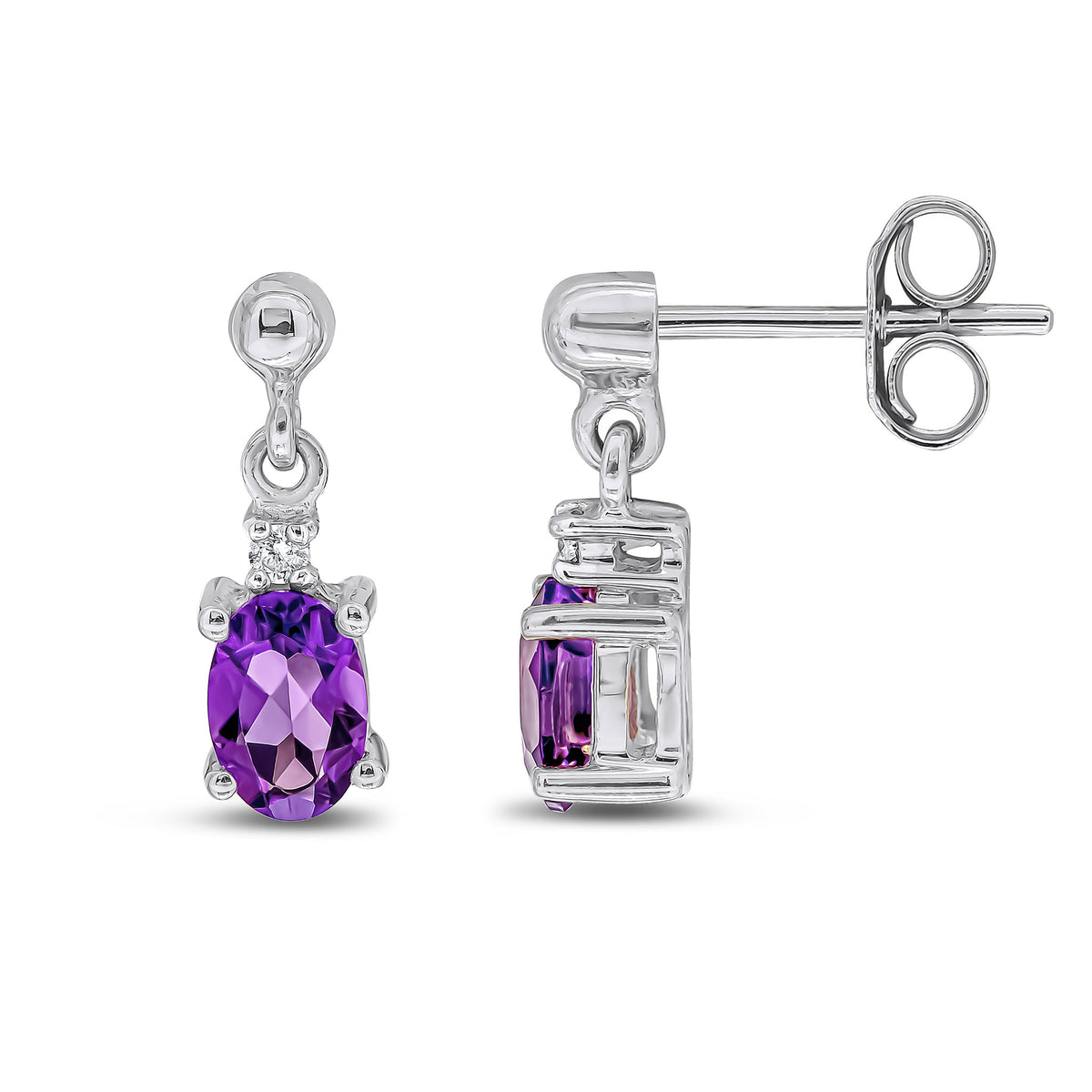 9CT WG OVAL AMETHYST & DIAMOND CLAW SET 2 STONE DROP EARRINGS WITH BEAD STUD TOP
