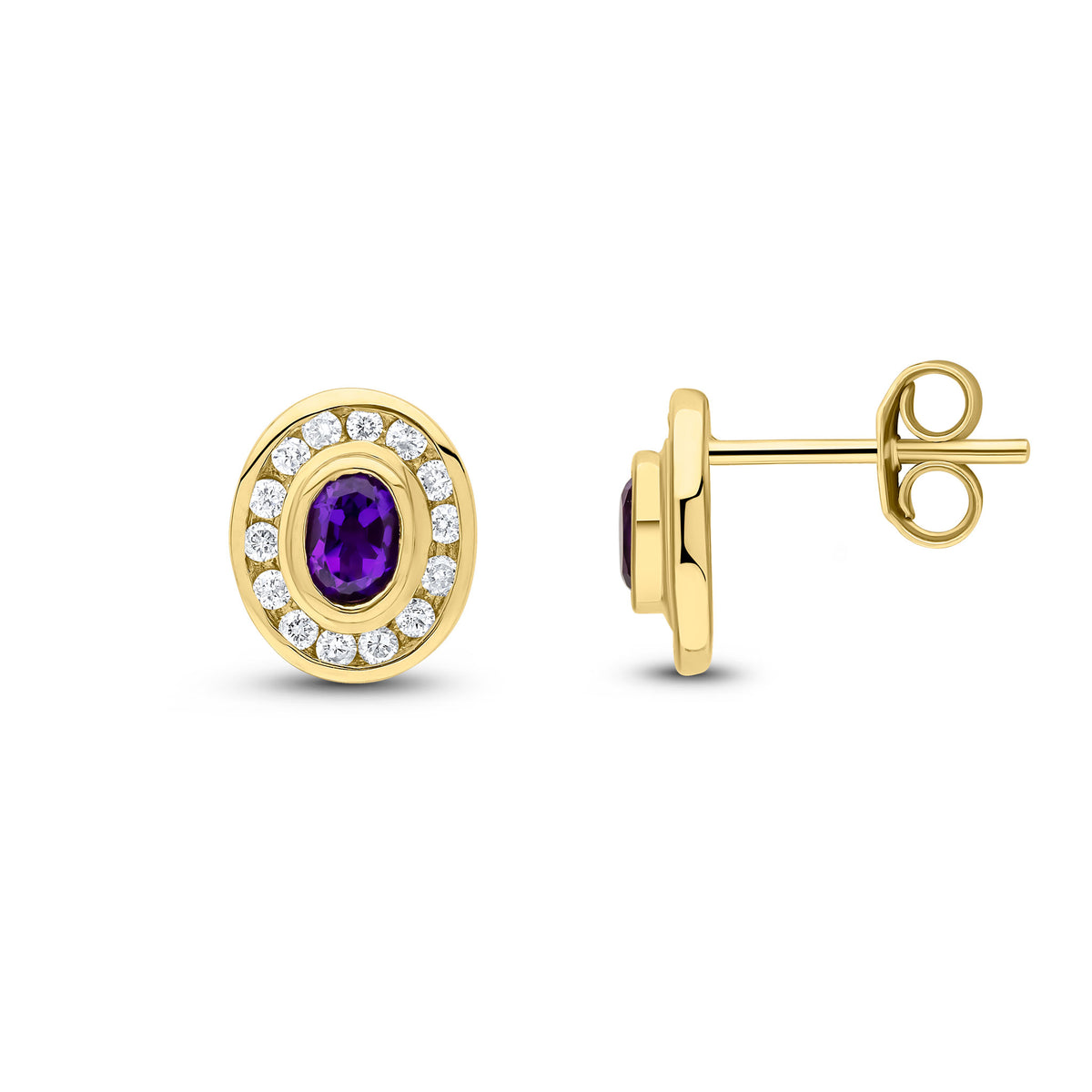 9CT YELLOW GOLD OVAL AMETHYST AND DIAMOND RUBOVER CLUSTER EARRINGS