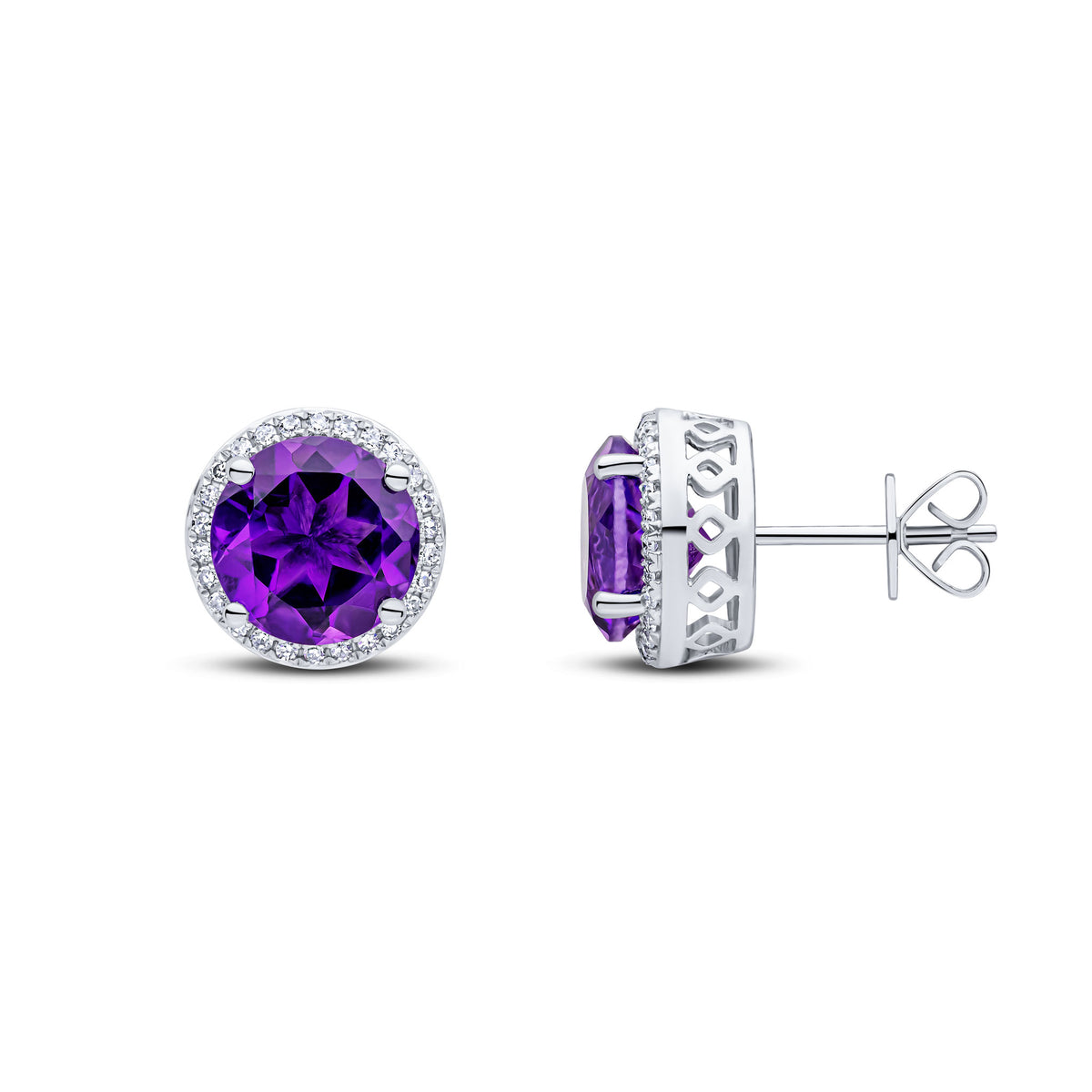 9CT WG 8MM ROUND AMETHYST AND DIAMOND CLAW CLUSTER EARRINGS