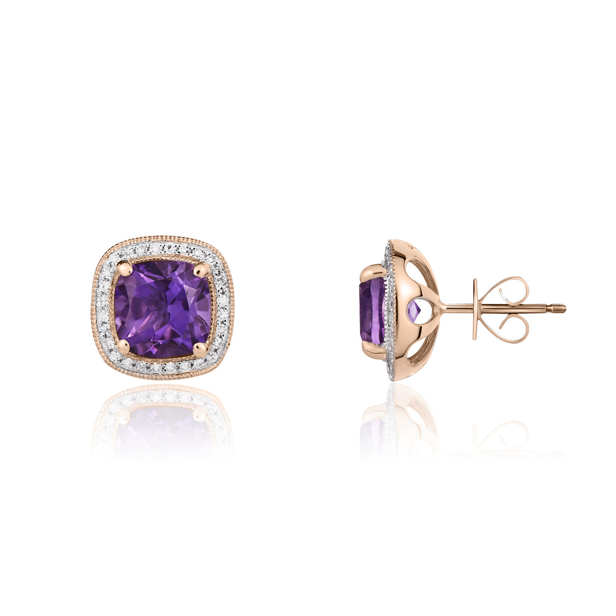 9CT RG 7MM CUSHION AMETHYST AND DIAMOND CLUSTER EARRINGS WITH MILLEGRAIN EDGE. RHODIUM TO DIAMONDS