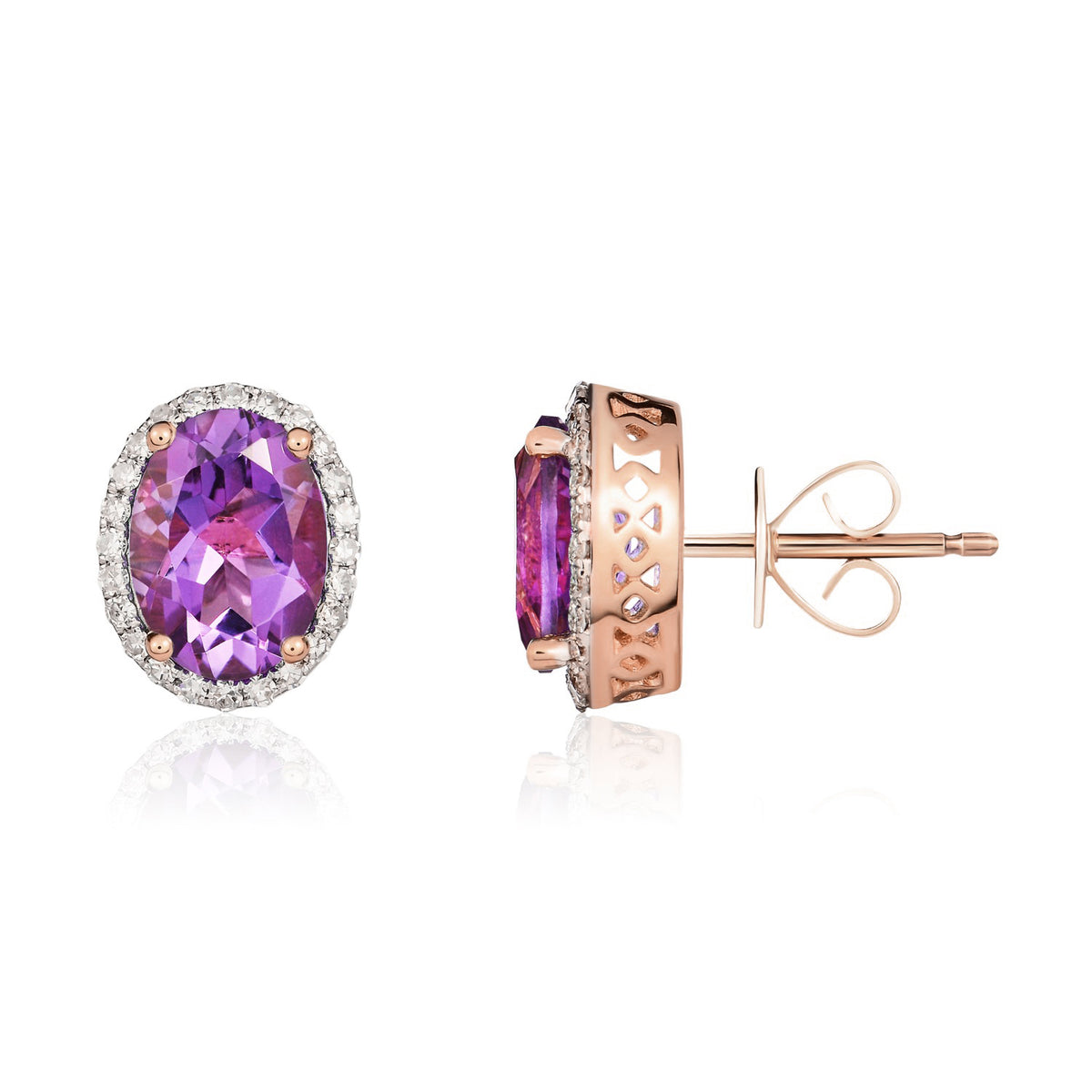 9CT RG 8X6 OVAL AMETHYST AND DIAMOND CLAW CLUSTER EARRINGS. RHODIUM TO DIAMONDS