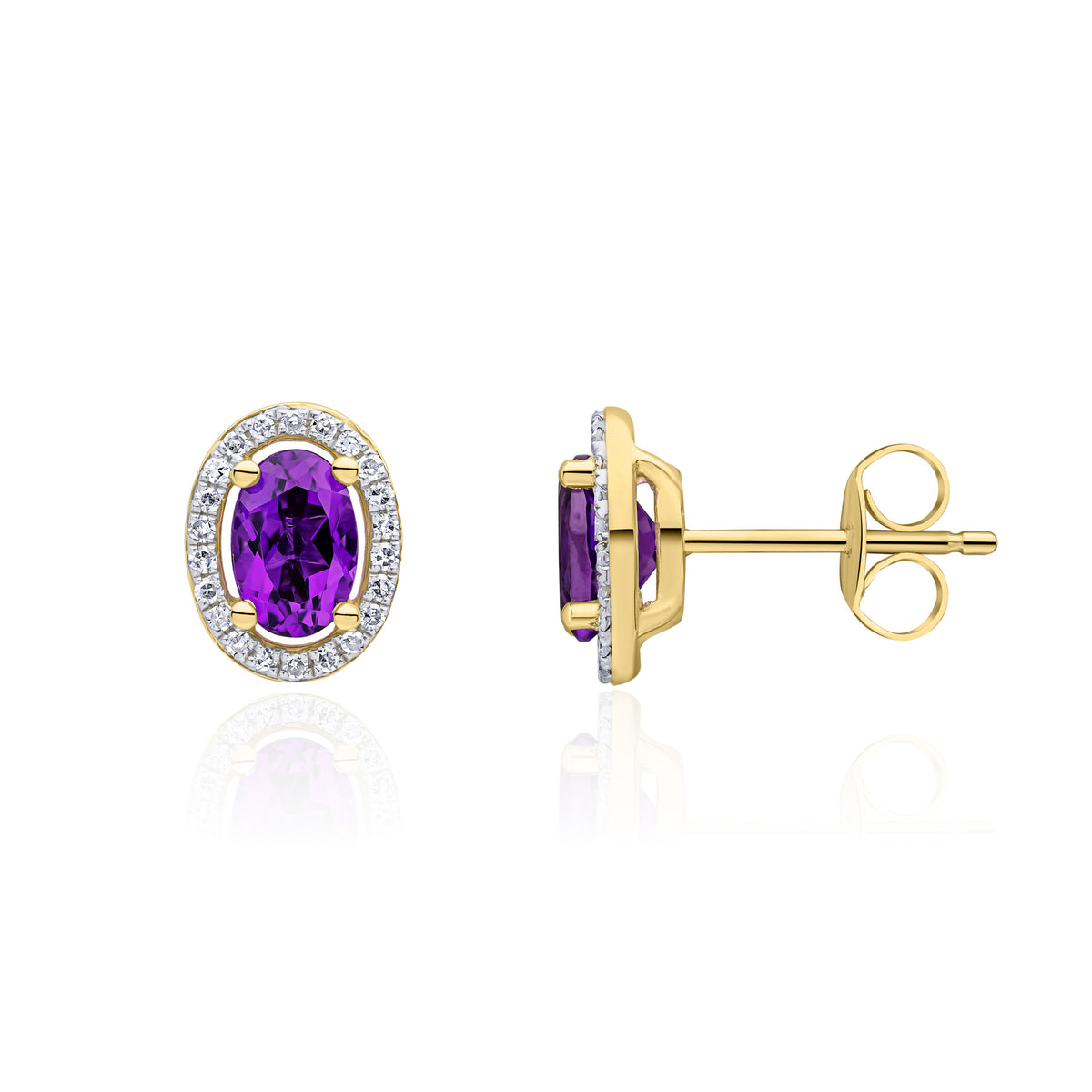 9CT YG 6X4 OVAL AMETHYST AND ROUND DIAMOND CLAW SET HALO CLUSTER EARRINGS. RHODIUM TO DIAMONDS