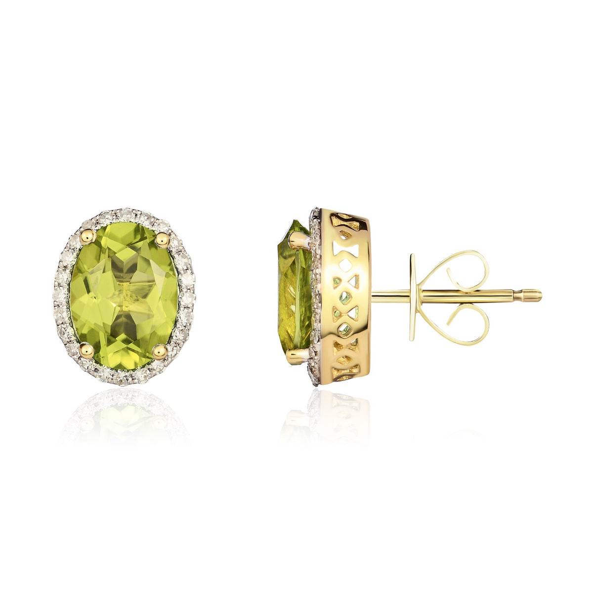 9CT YG 8X6 OVAL PERIDOT & DIAMOND CLAW CLUSTER EARRINGS. RHODIUM TO DIAMONDS
