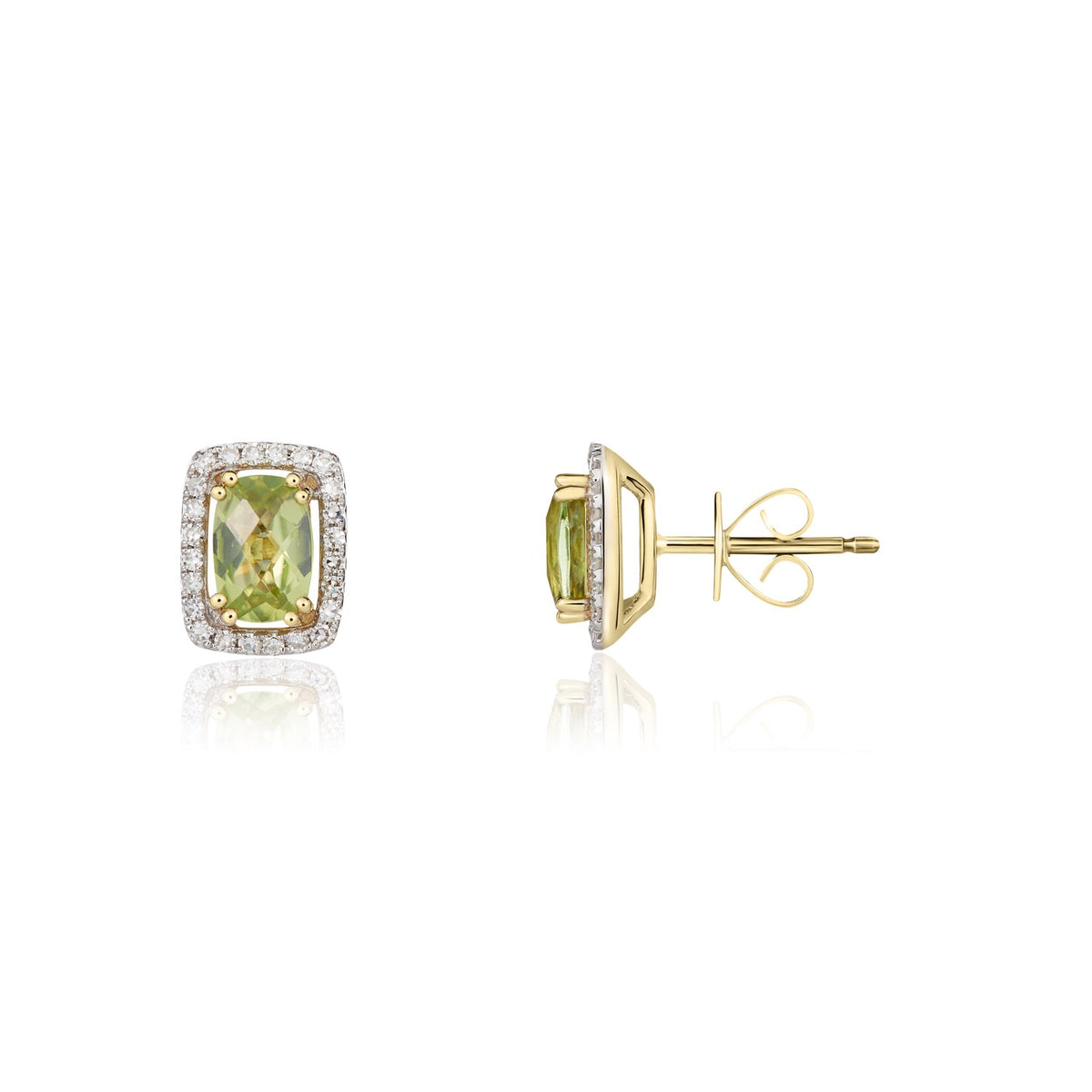 9CT YG CHECKERBOARD CUT 6X4 CUSHION PERIDOT AND DIAMOND HALO CLUSTER EARRINGS. RHODIUM TO DIAMONDS