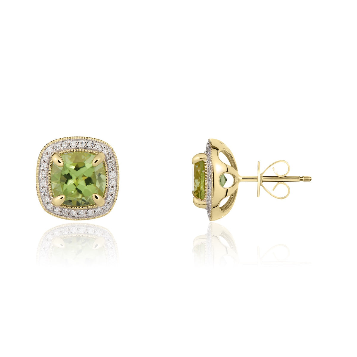 9CT YG 7MM CUSHION PERIDOT AND DIAMOND CLUSTER EARRINGS WITH MILLEGRAIN EDGE. RHODIUM TO DIAMONDS