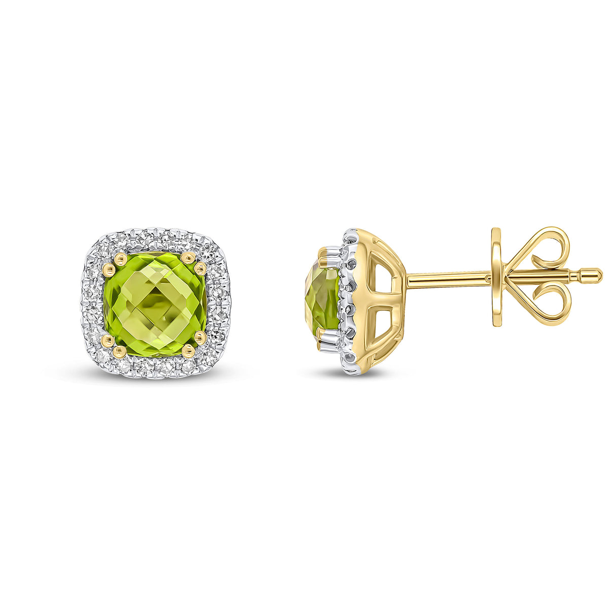 9CT YG 5MM CHECKERBOARD CUT CUSHION PERIDOT & DIAMOND CLUSTER STUD EARRINGS. RHODIUM TO DIAMONDS