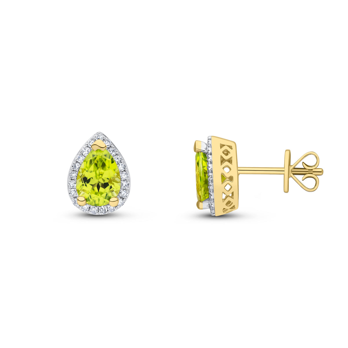 9CT YG 7X5 PEARSHAPE PERIDOT & DIAMOND CLUSTER EARRINGS. RHODIUM TO DIAMONDS