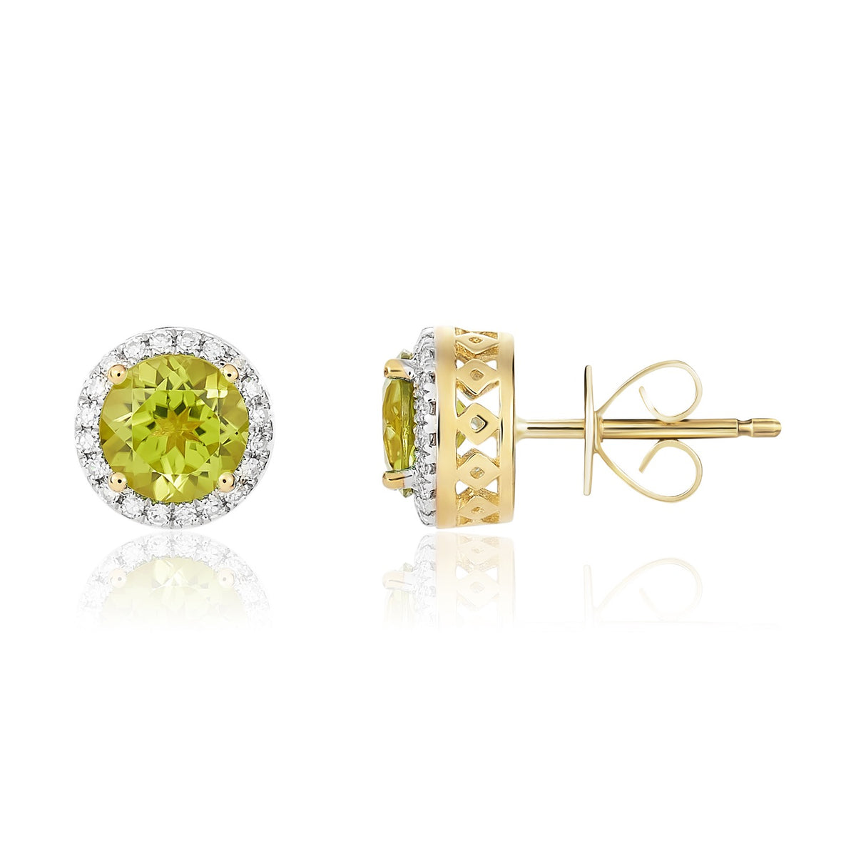 9CT YG 6MM ROUND PERIDOT AND DIAMOND CLAW CLUSTER EARRINGS. RHODIUM TO DIAMONDS