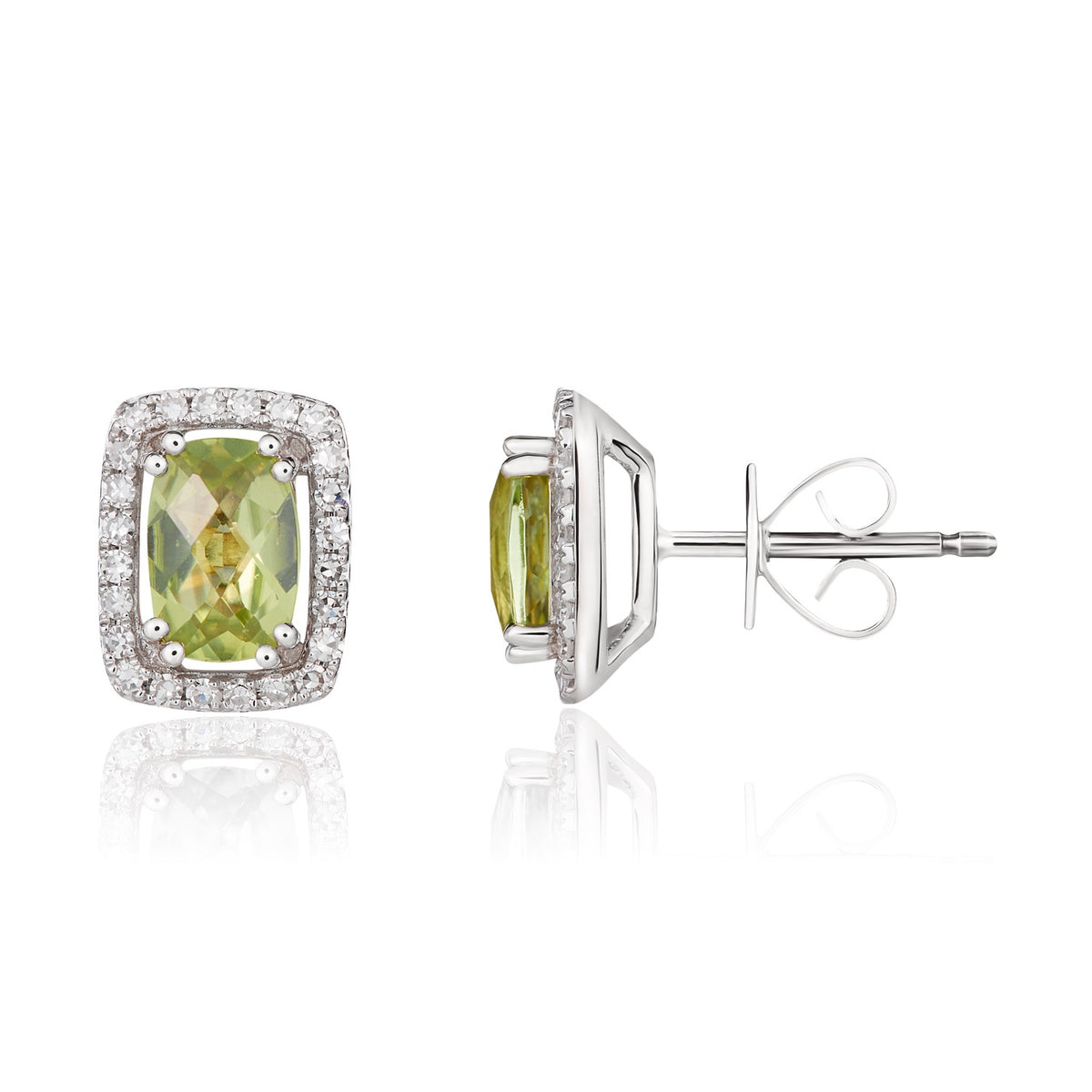 9CT WG 6X4 CUSHION PERIDOT & DIAMOND CLUSTER STUD EARRINGS