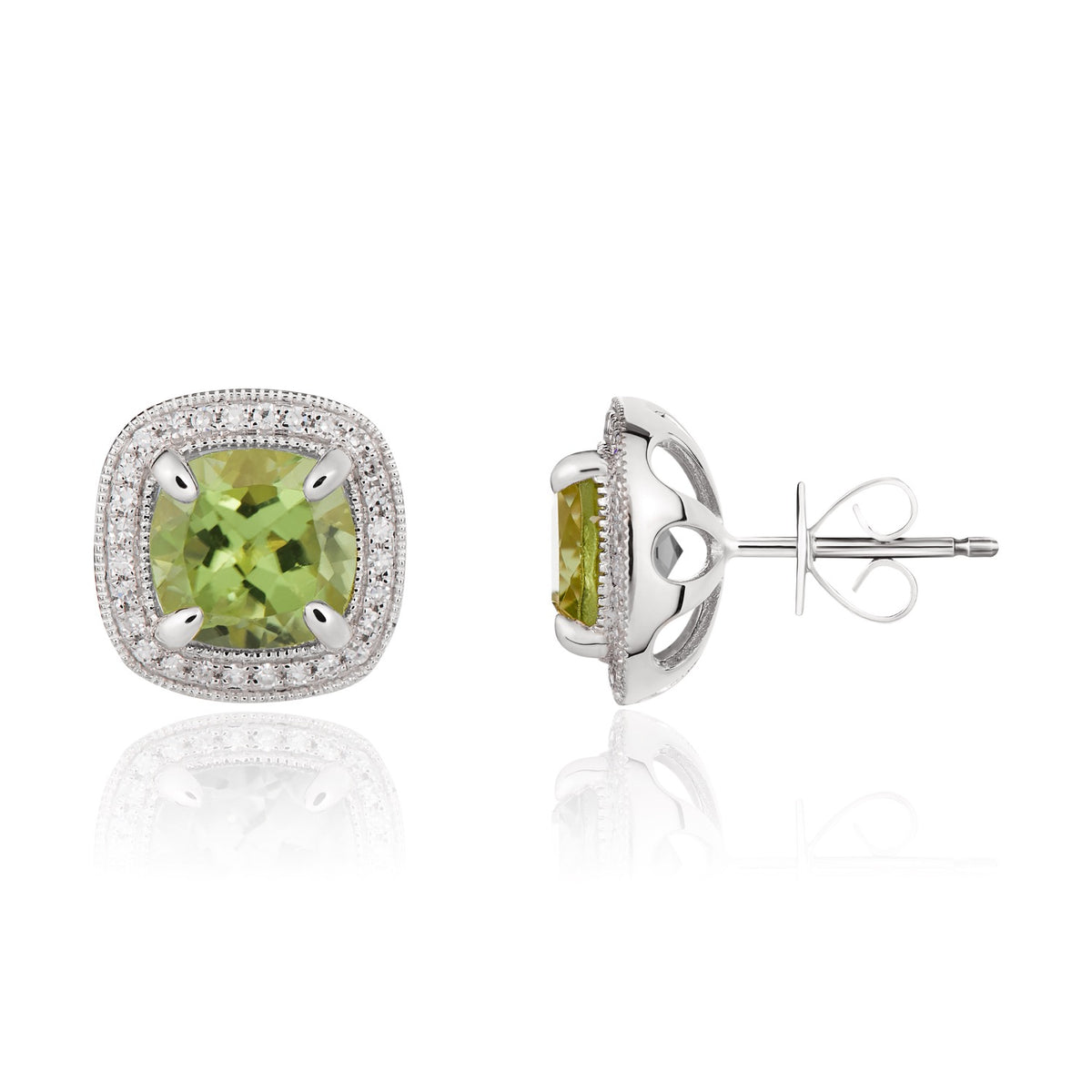 9CT WG 7MM CUSHION PERIDOT AND DIAMOND CLUSTER EARRINGS WITH MILLEGRAIN EDGE