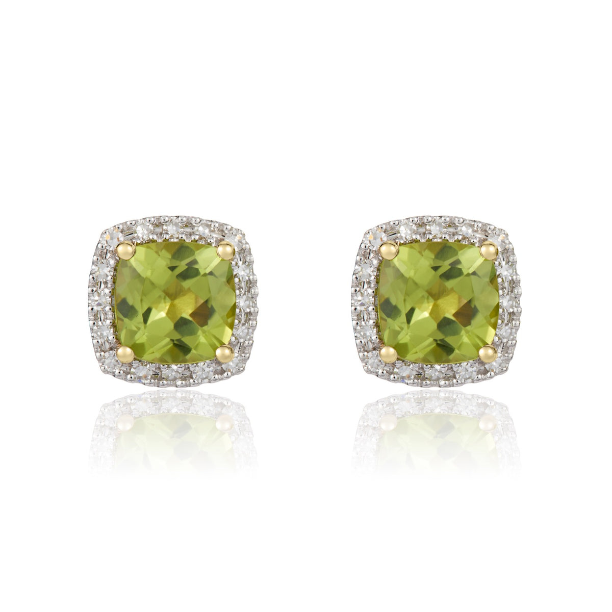 9CT WG 6MM CUSHION PERIDOT & DIAMOND CLAW CLUSTER EARRINGS
