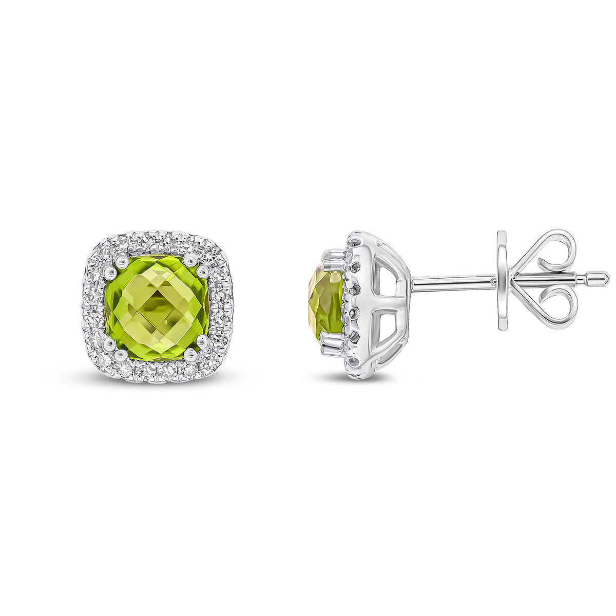 9CT WG 5MM CHECKERBOARD CUT CUSHION PERIDOT & DIAMOND CLUSTER EARRINGS