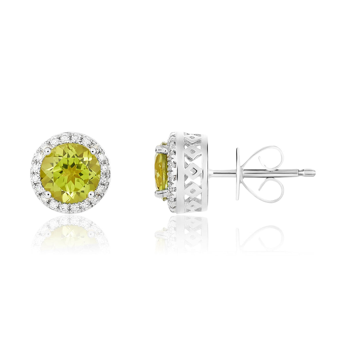 9CT WG 6MM ROUND PERIDOT AND DIAMOND CLAW CLUSTER EARRINGS
