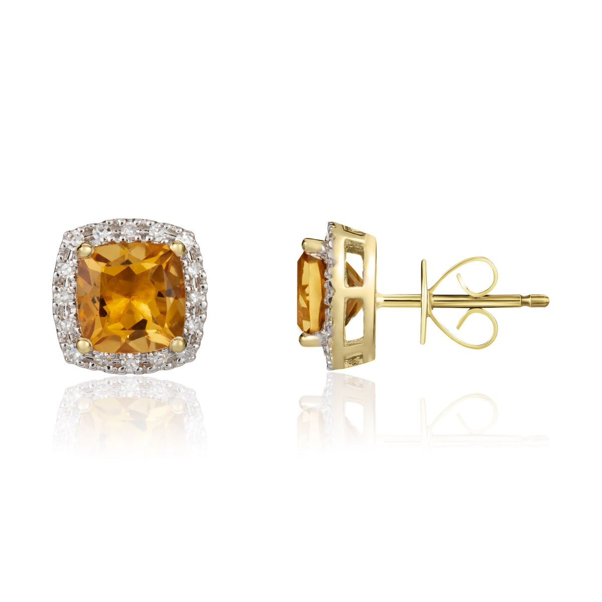 9CT YG 6MM CUSHION CITRINE & DIAMOND CLAW CLUSTER EARRINGS. RHODIUM TO DIAMONDS