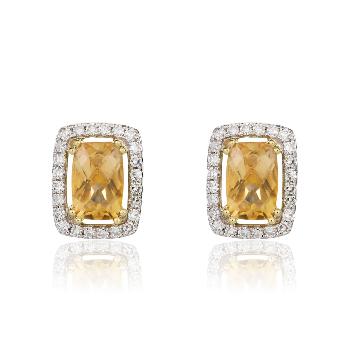 9CT YG CHECKERBOARD CUT CUSHION CITRINE AND DIAMOND HALO CLUSTER EARRINGS. RHODIUM TO DIAMONDS