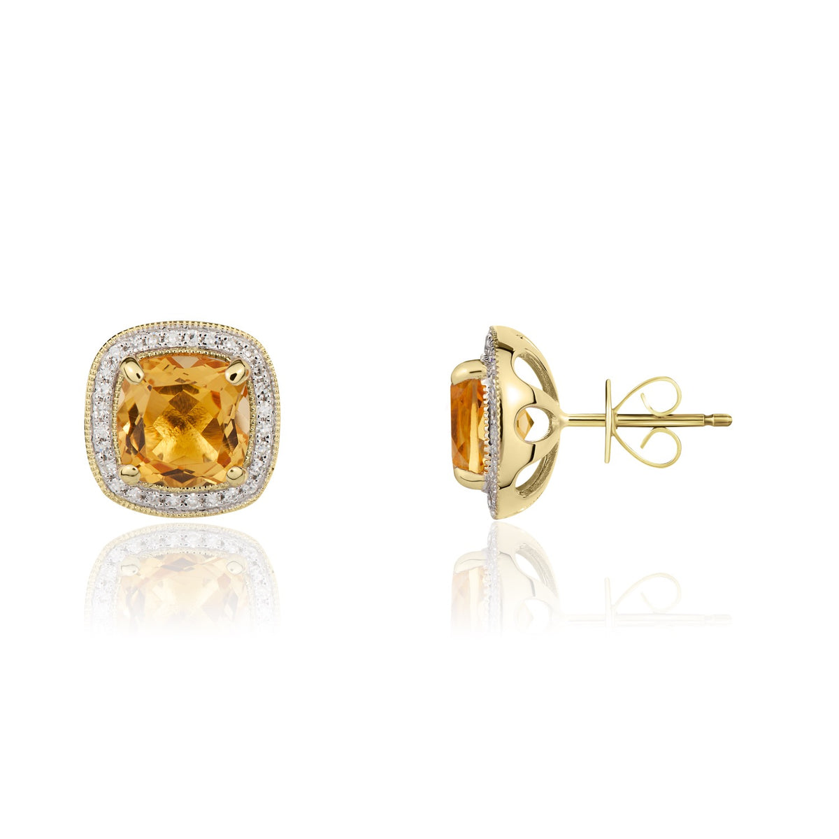 9CT YG 7MM CUSHION CITRINE AND DIAMOND CLUSTER EARRINGS WITH MILLEGRAIN EDGE. RHODIUM TO DIAMONDS