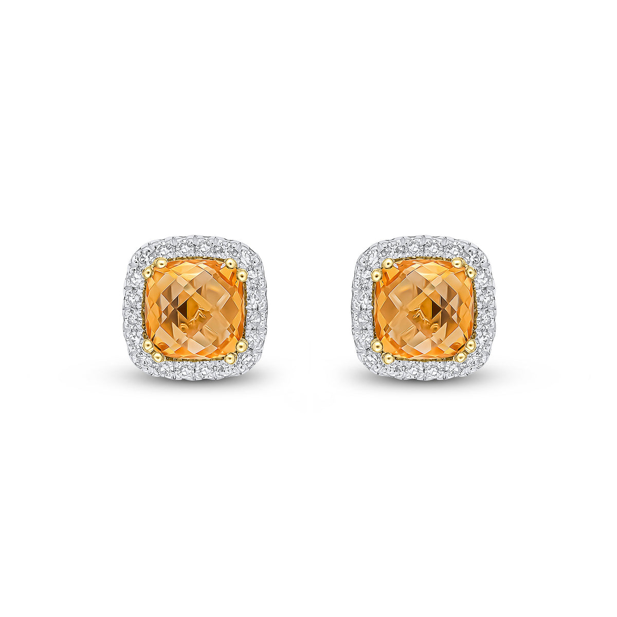 9CT YG 5MM CHECKERBOARD CUT CUSHION CITRINE & DIAMOND CLUSTER STUD EARRINGS. RHODIUM TO DIAMONDS