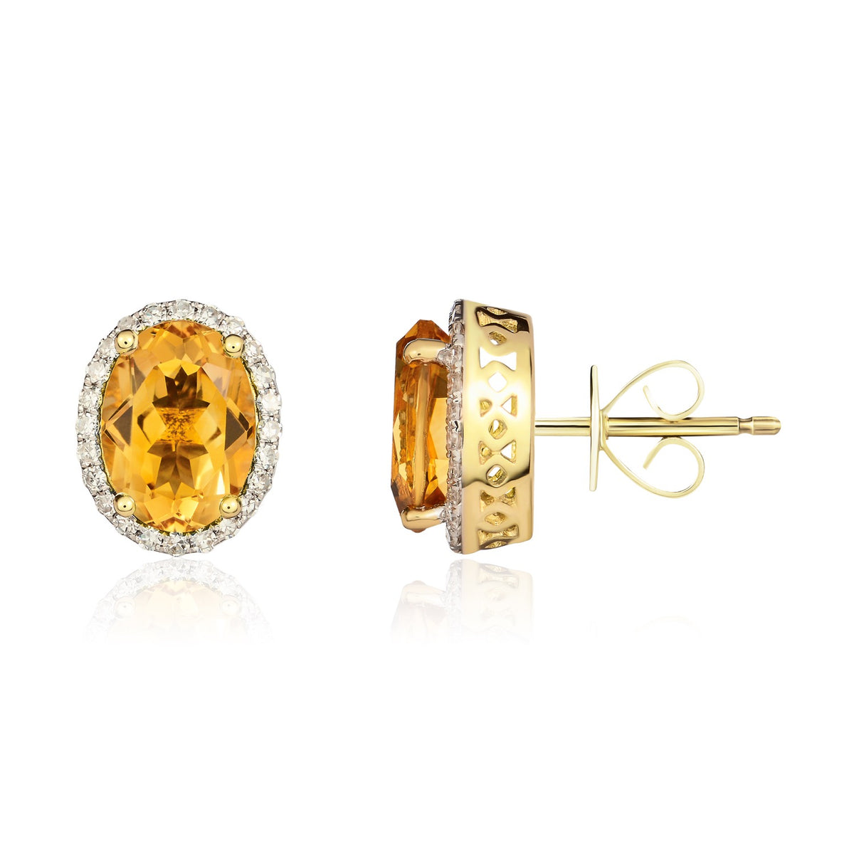 9CT YG 8X6 OVAL CITRINE & DIAMOND CLAW CLUSTER EARRINGS. RHODIUM TO DIAMONDS